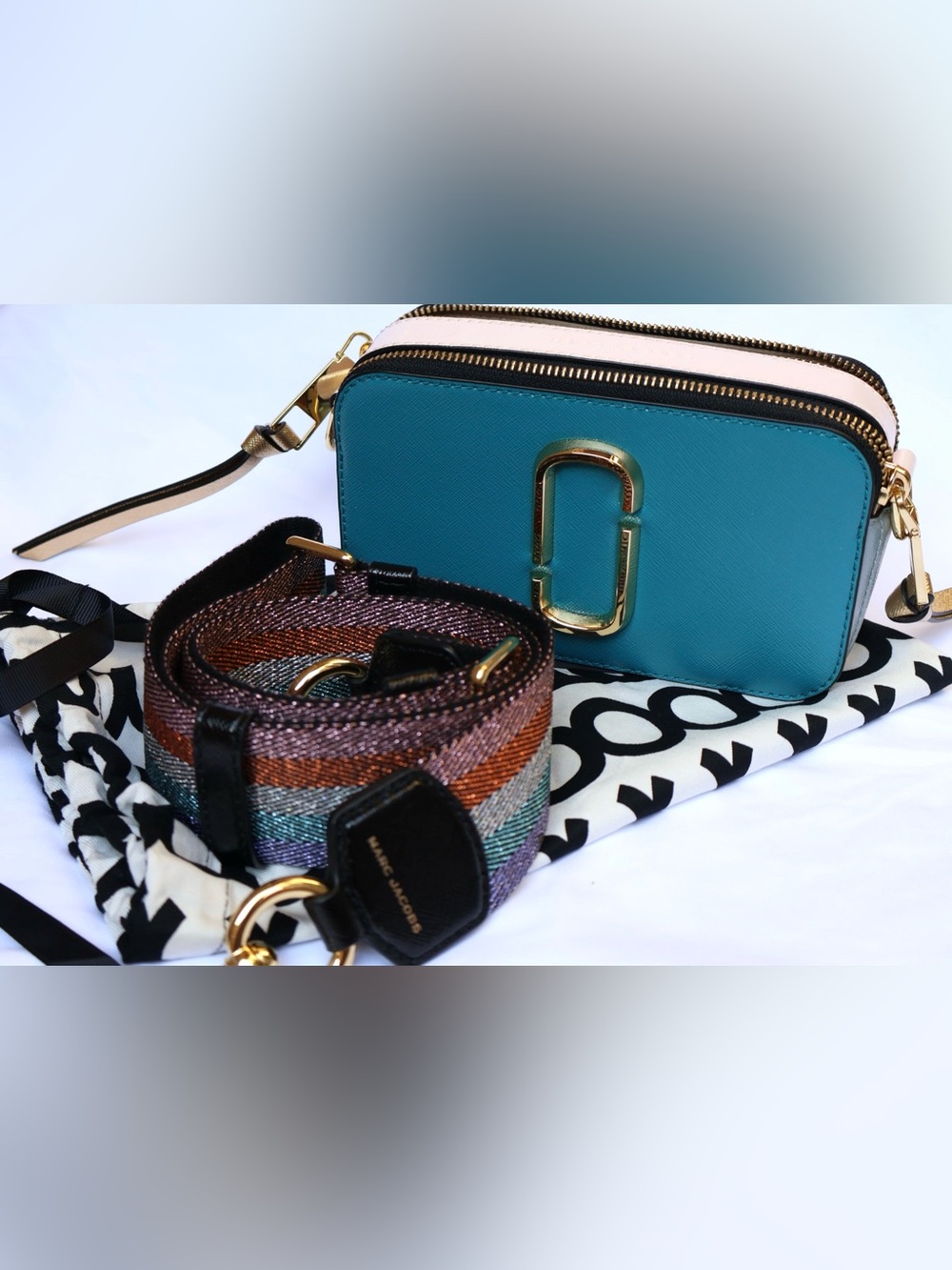 NWOT: Marc Jacobs Teal Crossbody Camera Bag with Striped Multicolor Strap